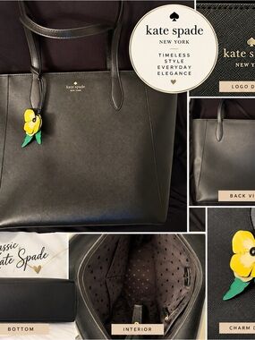 Kate Spade Black Leather Tote with Yellow Flower Charm